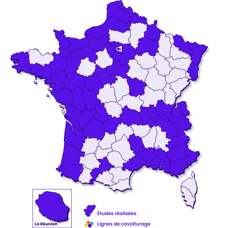 Carte de France montrant les études de covoiturage et les lignes de covoiturage en violet